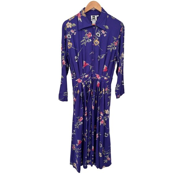 Together‎ Spring Maxi Dress Womens 10 Purple Rayon Floral Hummingbird Print VTG - Picture 1 of 9